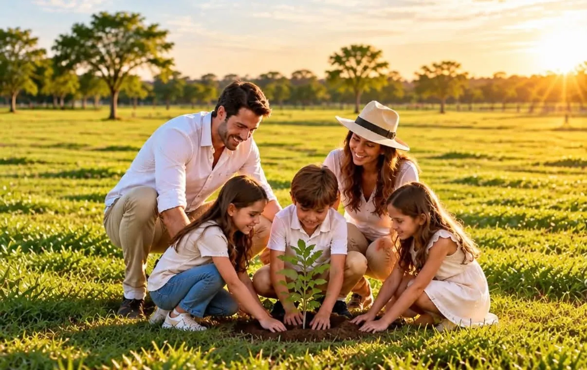 Familia plantando un árbol en su terreno